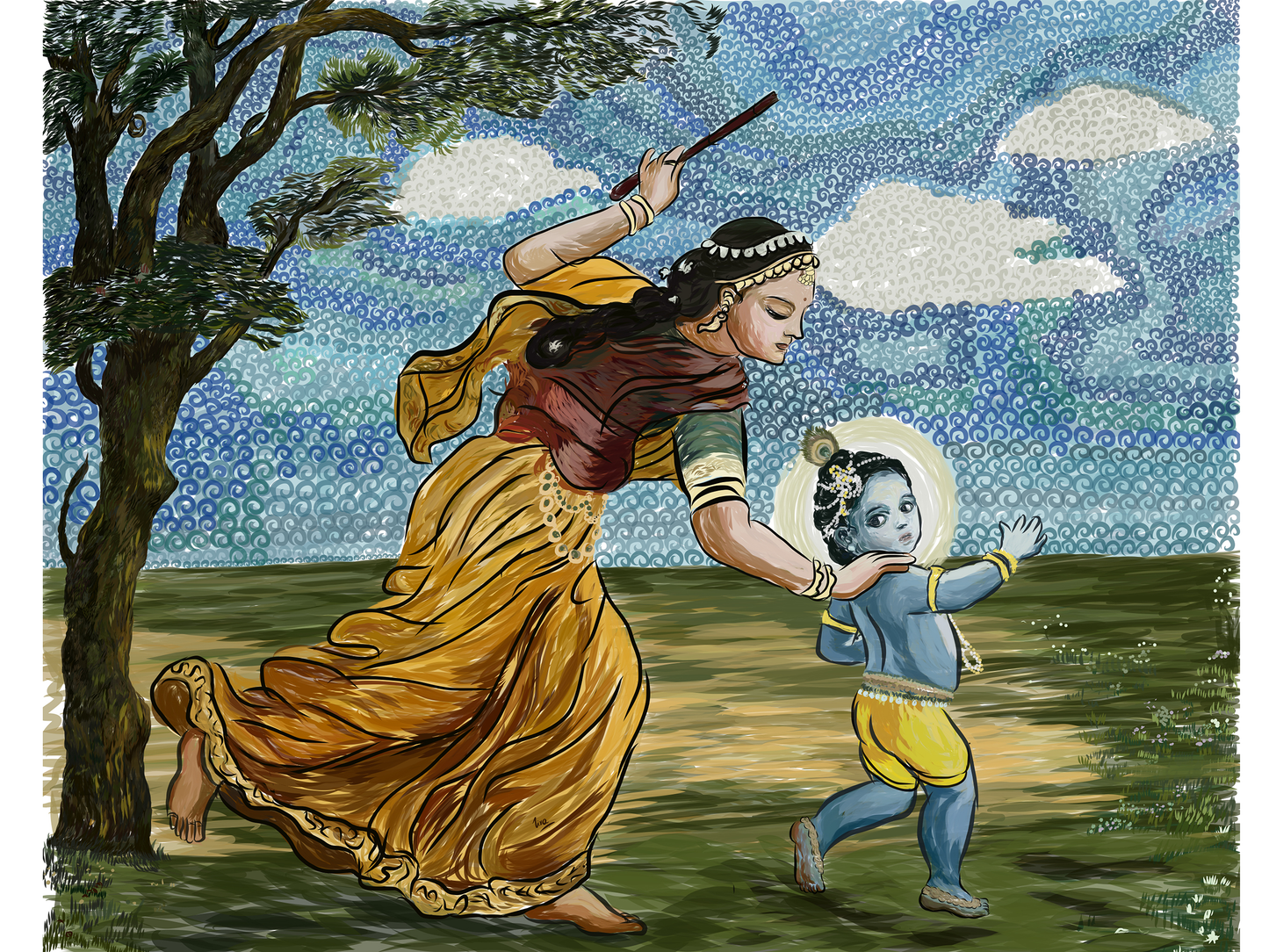 Yashoda chasing naughty Kanha - all 3 sizes