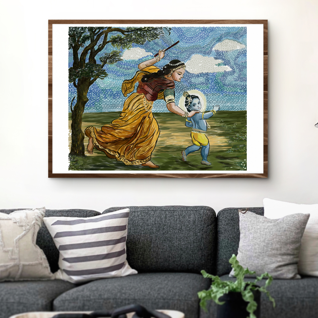 Yashoda chasing naughty Kanha - all 3 sizes